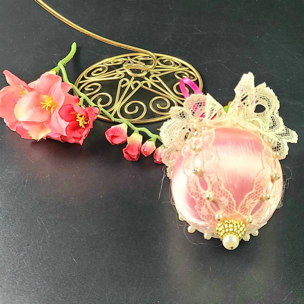 Vintage- Handmade Lace/ Pin Cushion Decorated Christmas Ornaments - Pink-2.75" D